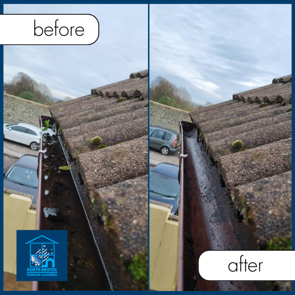 An image of North Bristol Window Cleaners ad of Before and After Photos of gutter cleared
