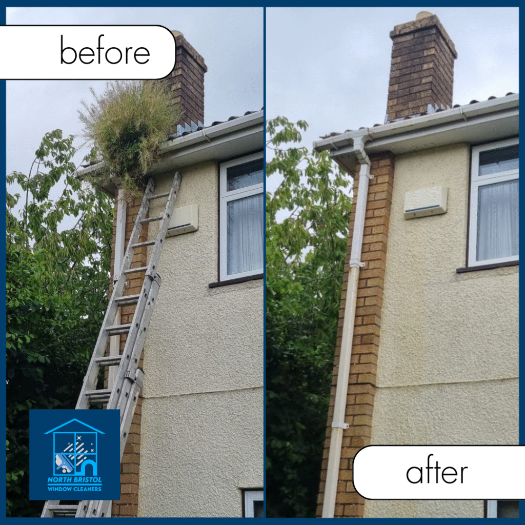 An image of North Bristol Window Cleaners ad of Before and After Photos of gutter cleared