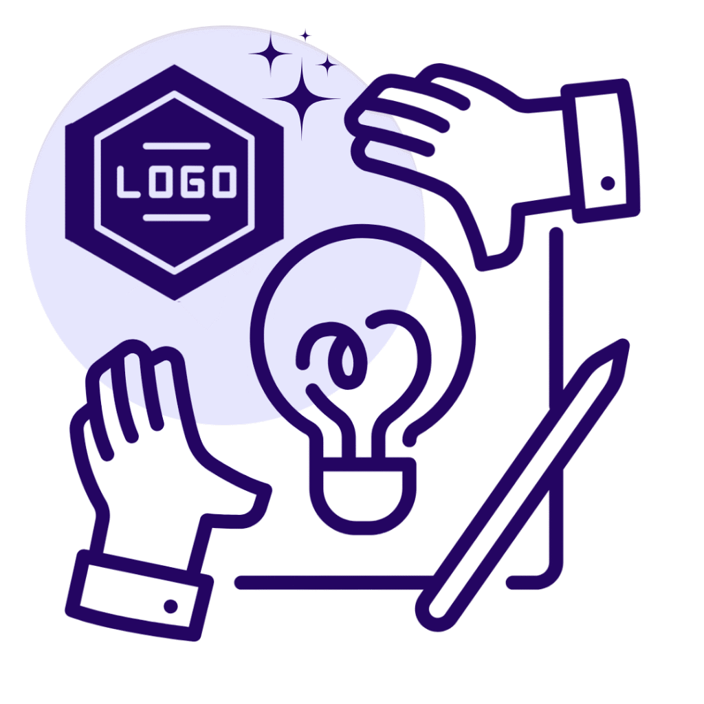 An image of two hands, a pencil, a light bulb, a paper and a logo representing logo design and branding icon