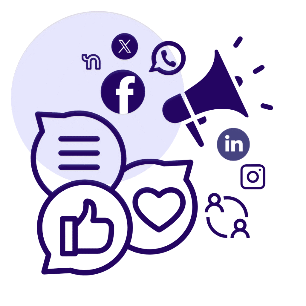 An image of social media icons, like button, heart button and a megaphone representing social media management icon