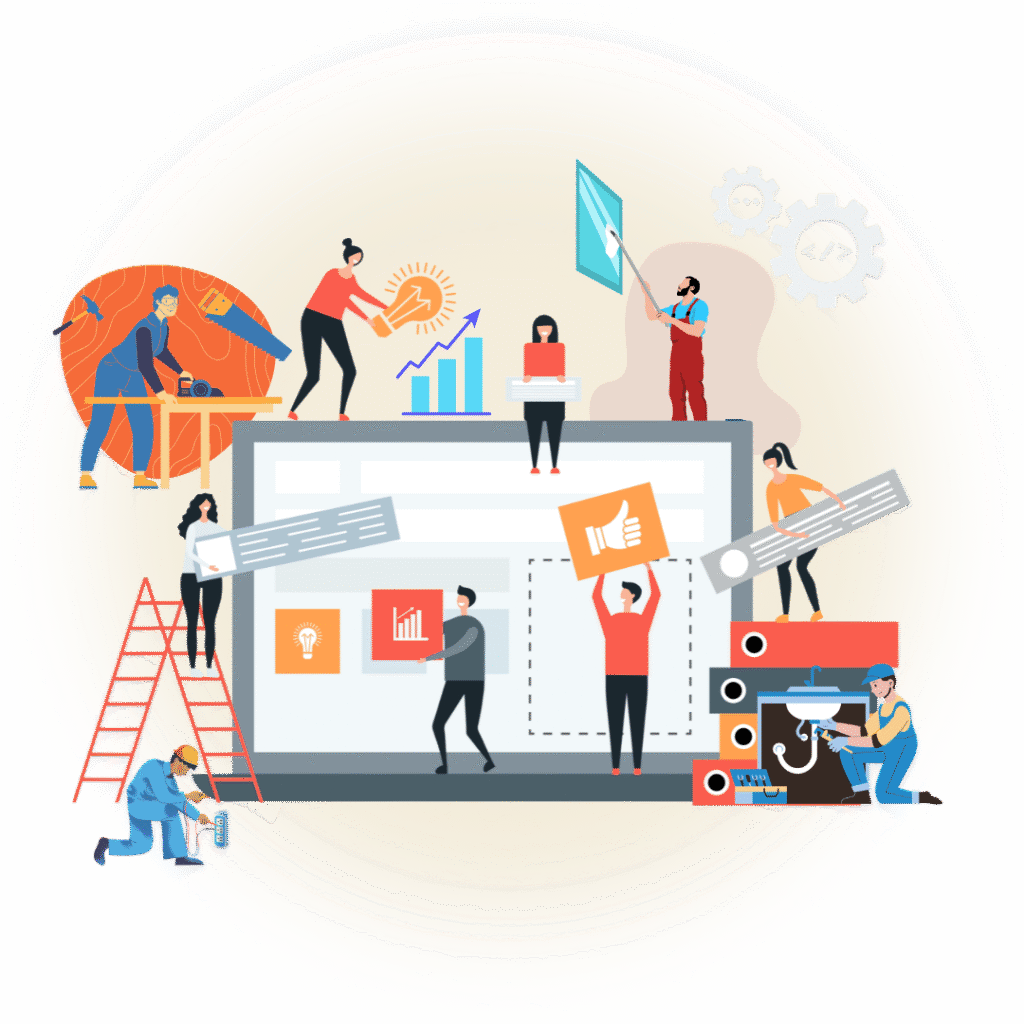 An image of tradespeople like carpenter, plumber, electrician and window cleaner cooperating in digital marketing solutions.