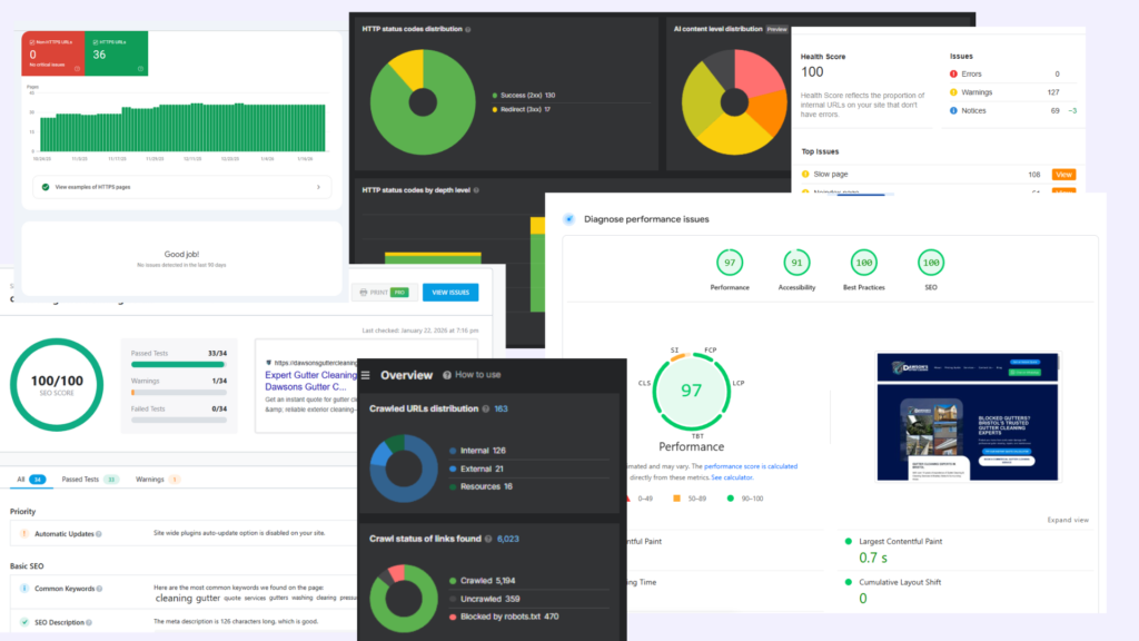 An image of screenshots of good technical SEO results