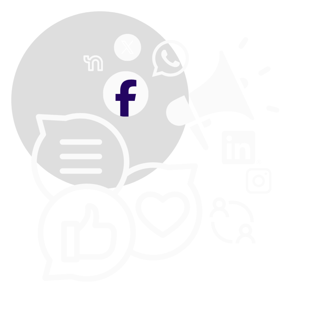 An image of social media icons, like button, heart button and a megaphone representing social media management icon